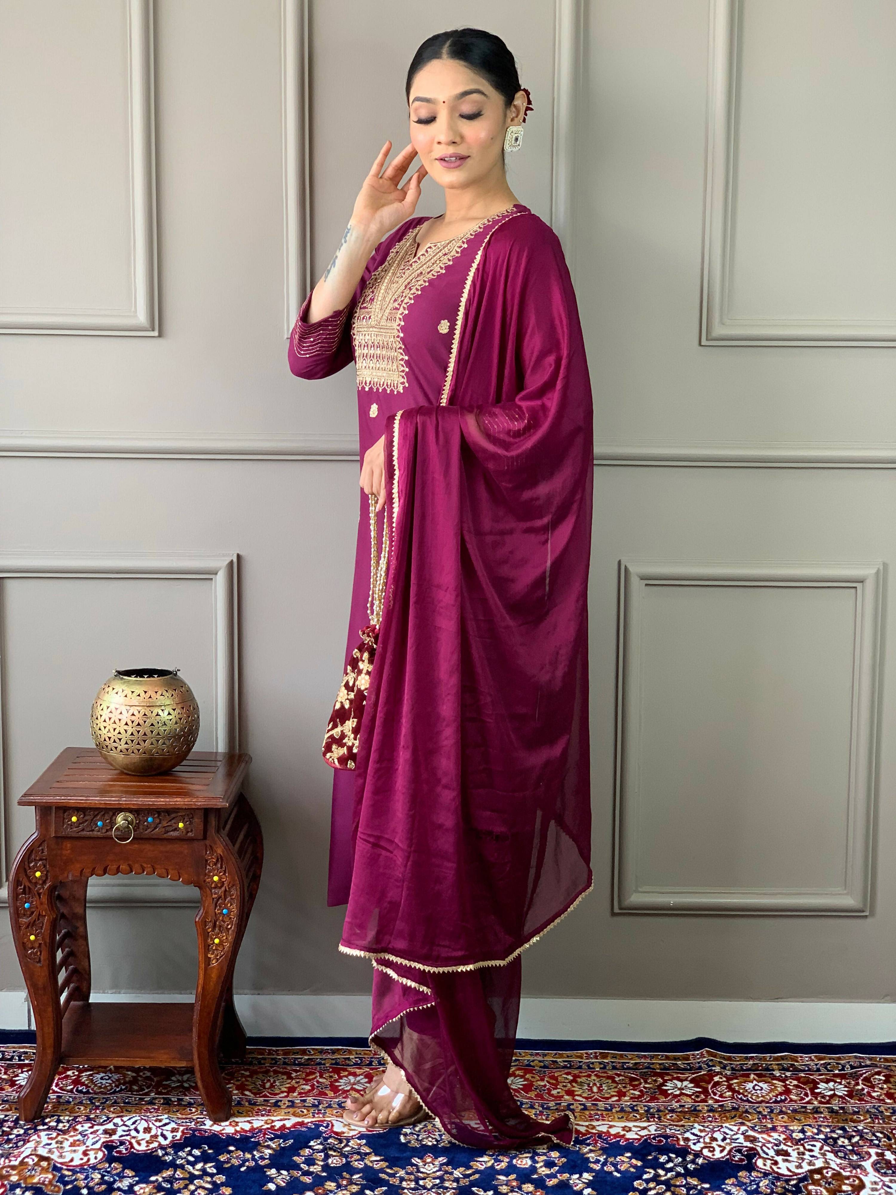 Partywear Designer Rayon Slub Wine Stitched Suit With Dupatta - Tanisha - Distacart