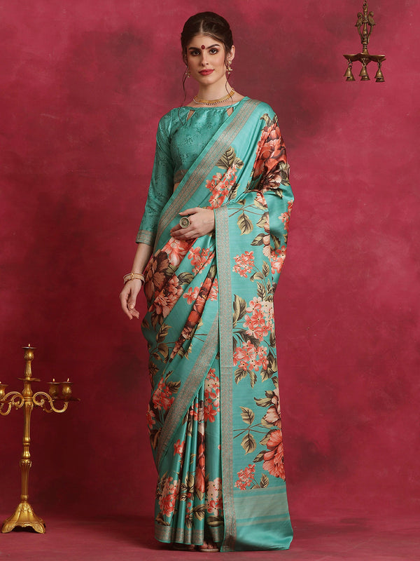 NOZ2TOZ Women's Cotton Blend Blue Printed Designer Saree With Blouse Piece - Distacart