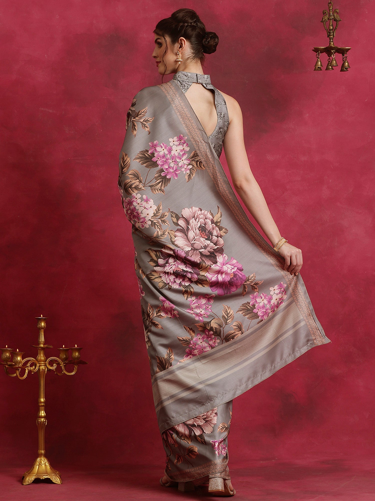 NOZ2TOZ Women's Cotton Blend Grey Printed Designer Saree With Blouse Piece - Distacart