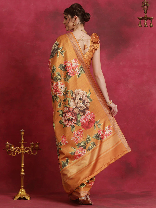 NOZ2TOZ Women's Cotton Blend Mustard Printed Designer Saree With Blouse Piece - Distacart