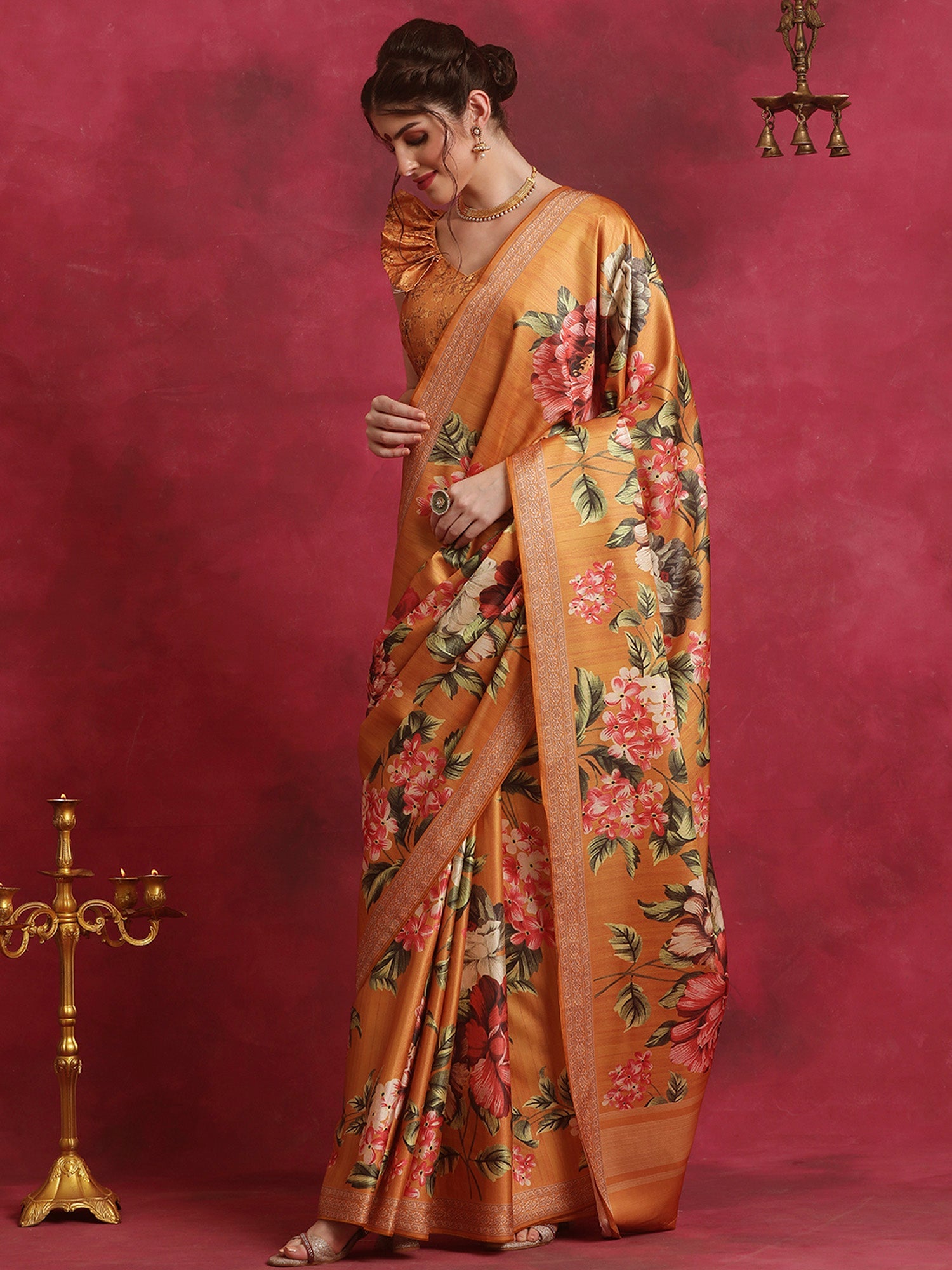 NOZ2TOZ Women's Cotton Blend Mustard Printed Designer Saree With Blouse Piece - Distacart