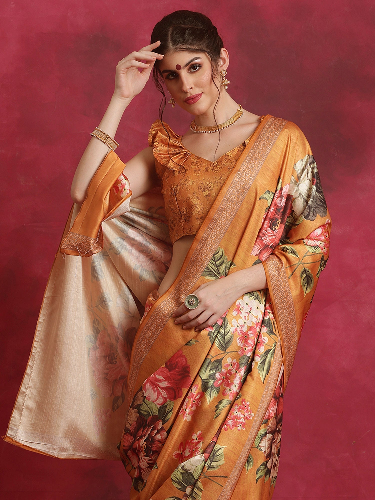 NOZ2TOZ Women's Cotton Blend Mustard Printed Designer Saree With Blouse Piece - Distacart