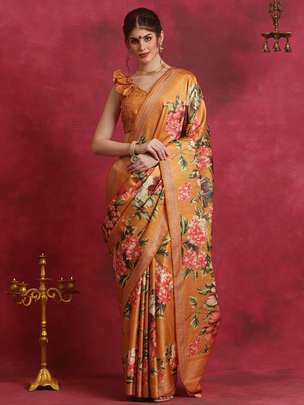 NOZ2TOZ Women's Cotton Blend Mustard Printed Designer Saree With Blouse Piece - Distacart