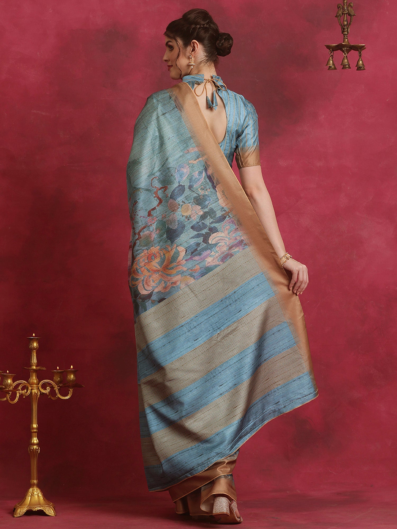 NOZ2TOZ Women's Cotton Blend Blue Printed Designer Saree With Blouse Piece - Distacart