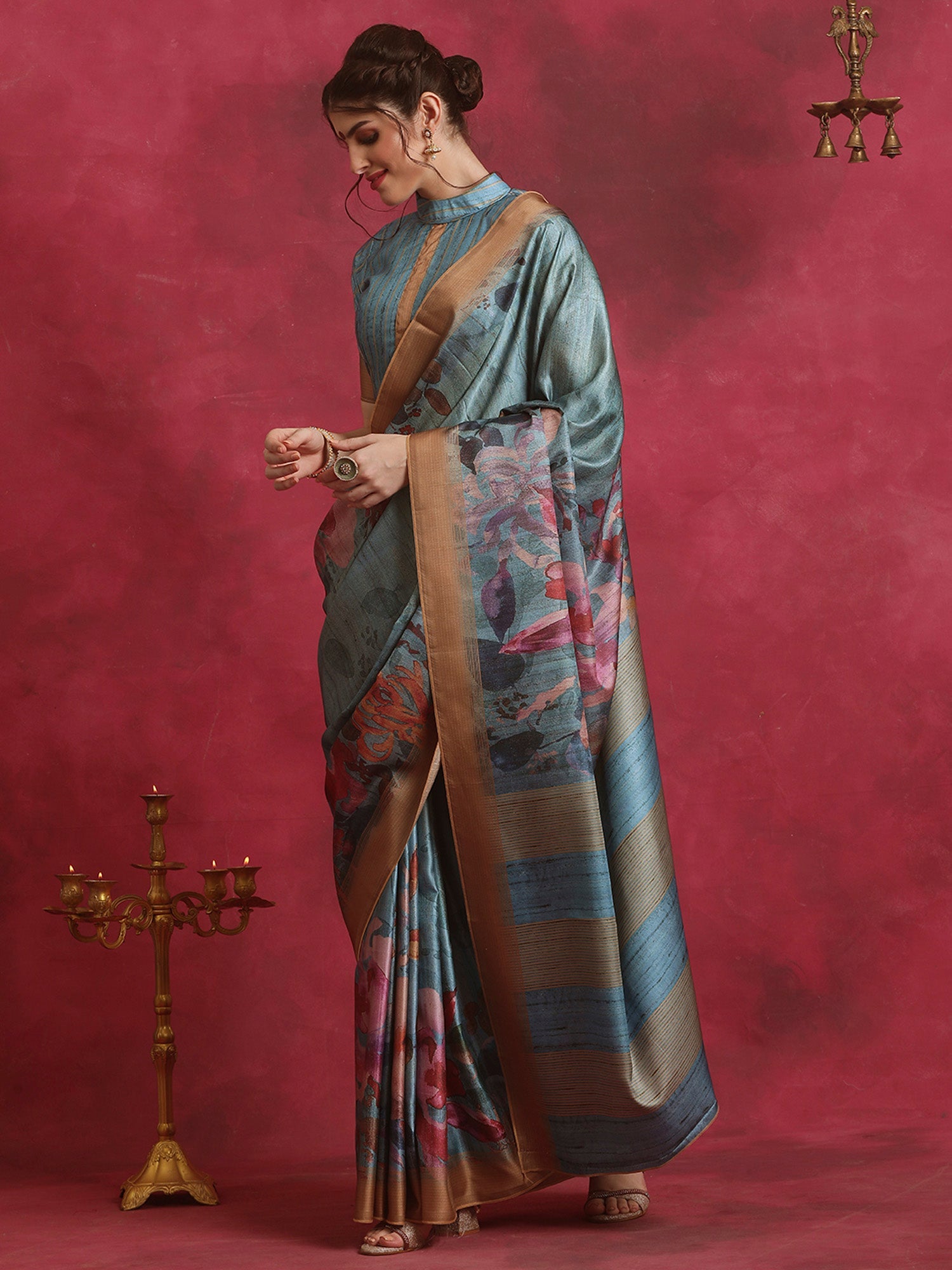 NOZ2TOZ Women's Cotton Blend Blue Printed Designer Saree With Blouse Piece - Distacart