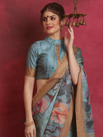 Thumbnail for NOZ2TOZ Women's Cotton Blend Blue Printed Designer Saree With Blouse Piece - Distacart
