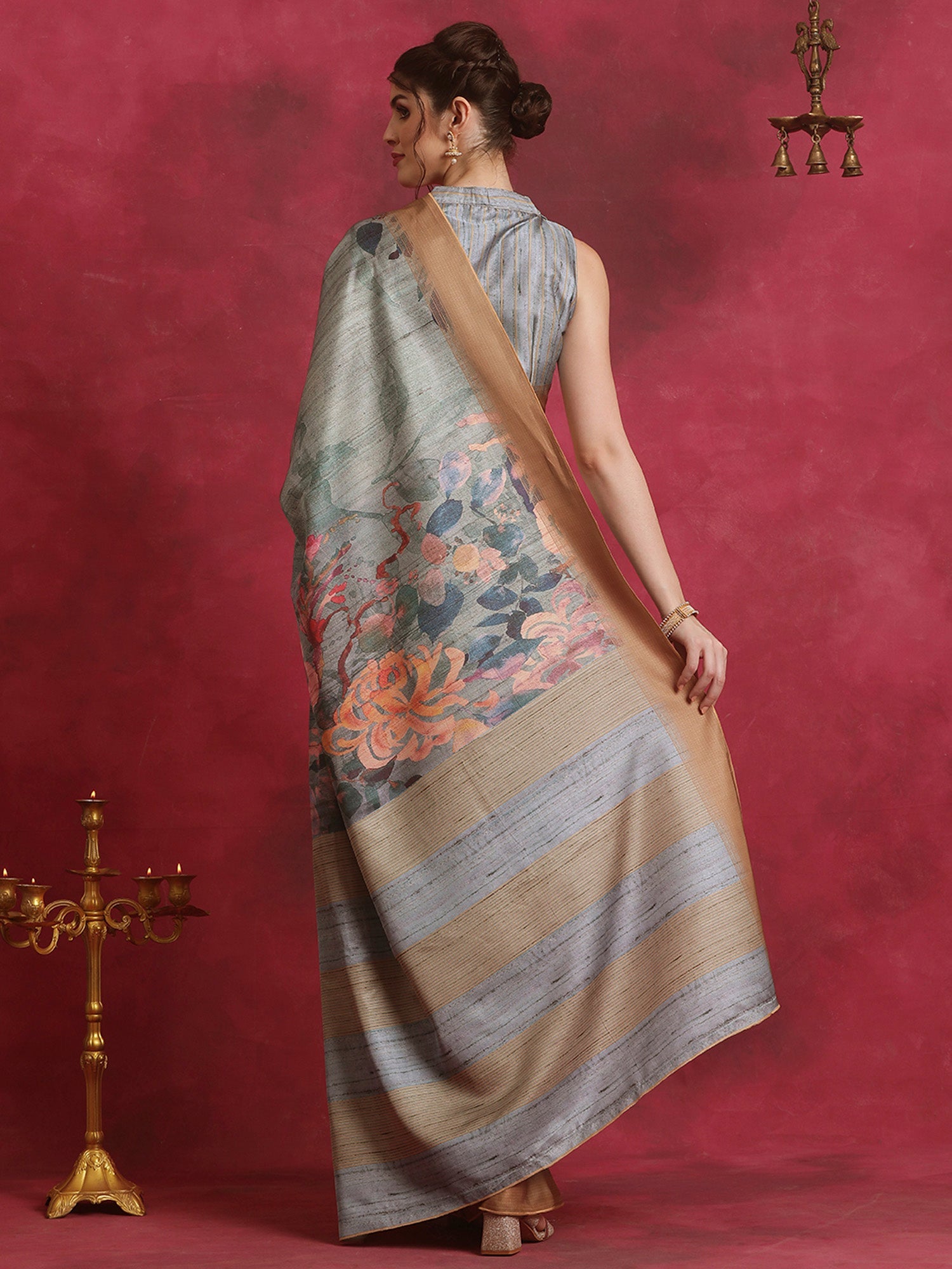 NOZ2TOZ Women's Cotton Blend Grey Printed Designer Saree With Blouse Piece - Distacart