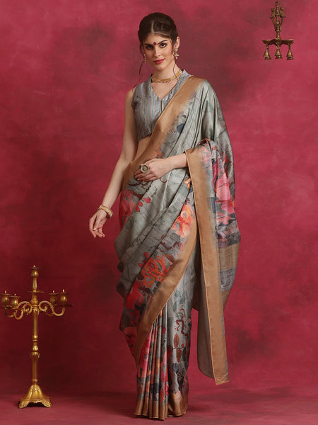 NOZ2TOZ Women's Cotton Blend Grey Printed Designer Saree With Blouse Piece - Distacart