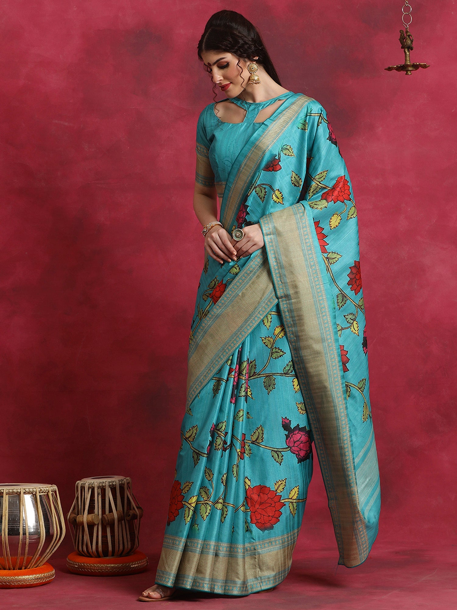 NOZ2TOZ Women's Cotton Blend Blue Printed Designer Saree With Blouse Piece - Distacart