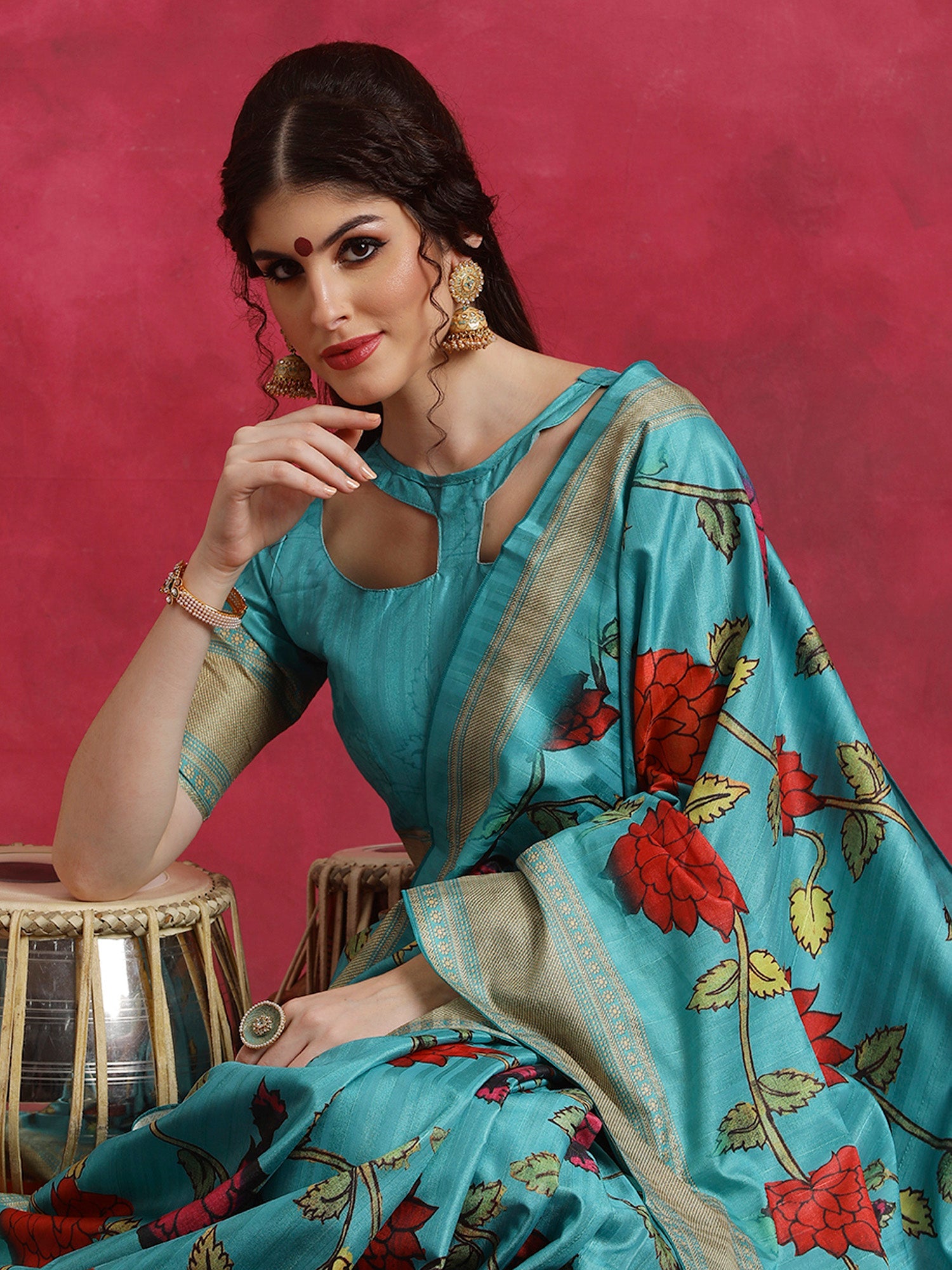 NOZ2TOZ Women's Cotton Blend Blue Printed Designer Saree With Blouse Piece - Distacart
