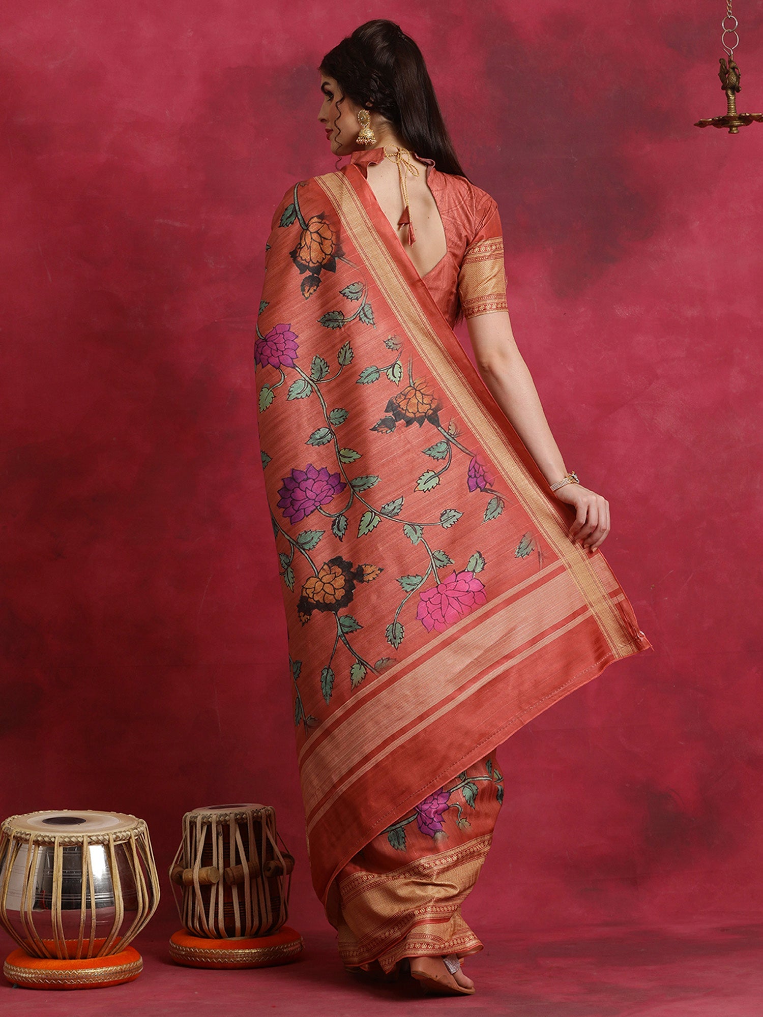 NOZ2TOZ Women's Cotton Blend Rust Printed Designer Saree With Blouse Piece - Distacart