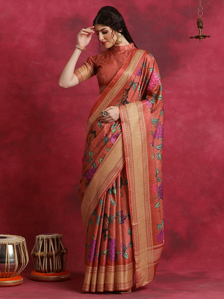 NOZ2TOZ Women's Cotton Blend Rust Printed Designer Saree With Blouse Piece - Distacart
