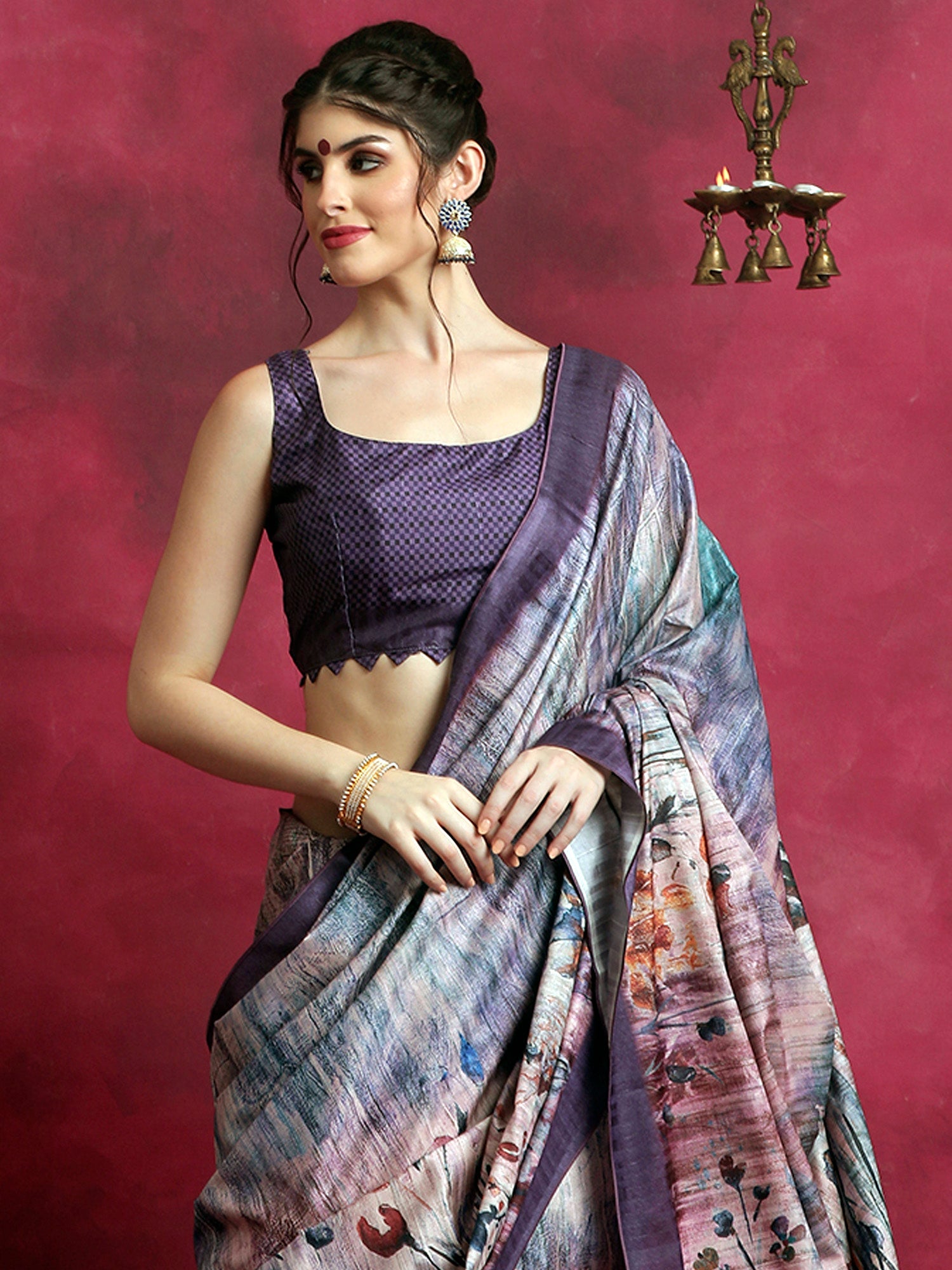 NOZ2TOZ Women's Cotton Blend Violet Printed Designer Saree With Blouse Piece - Distacart