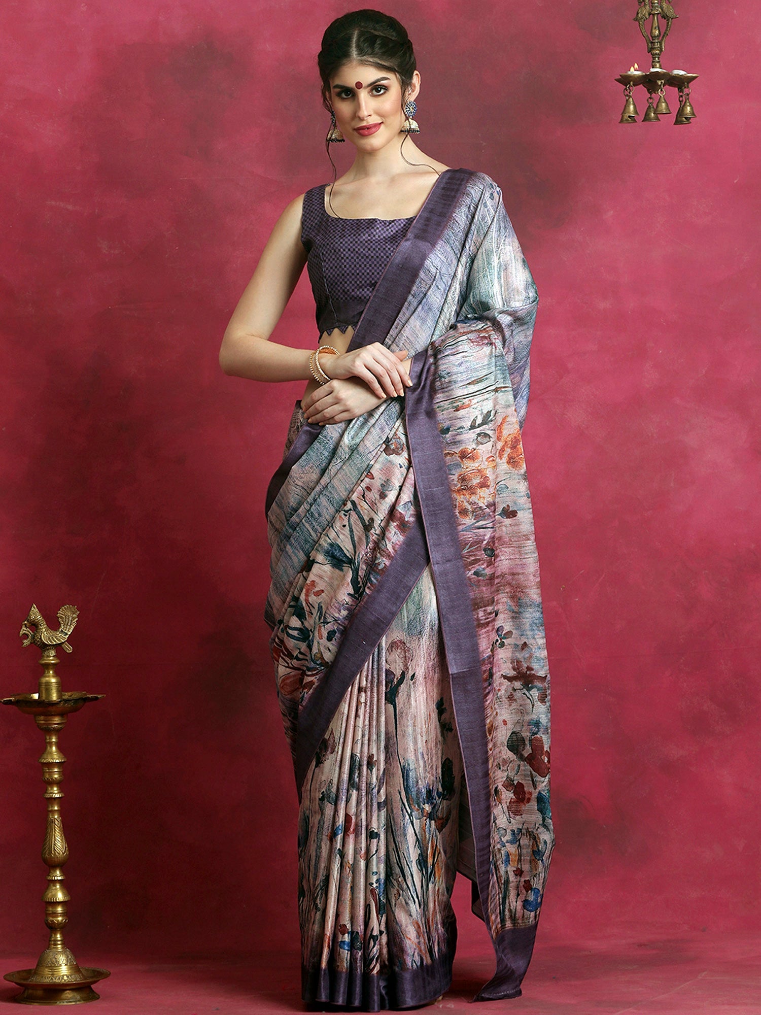 NOZ2TOZ Women's Cotton Blend Violet Printed Designer Saree With Blouse Piece - Distacart