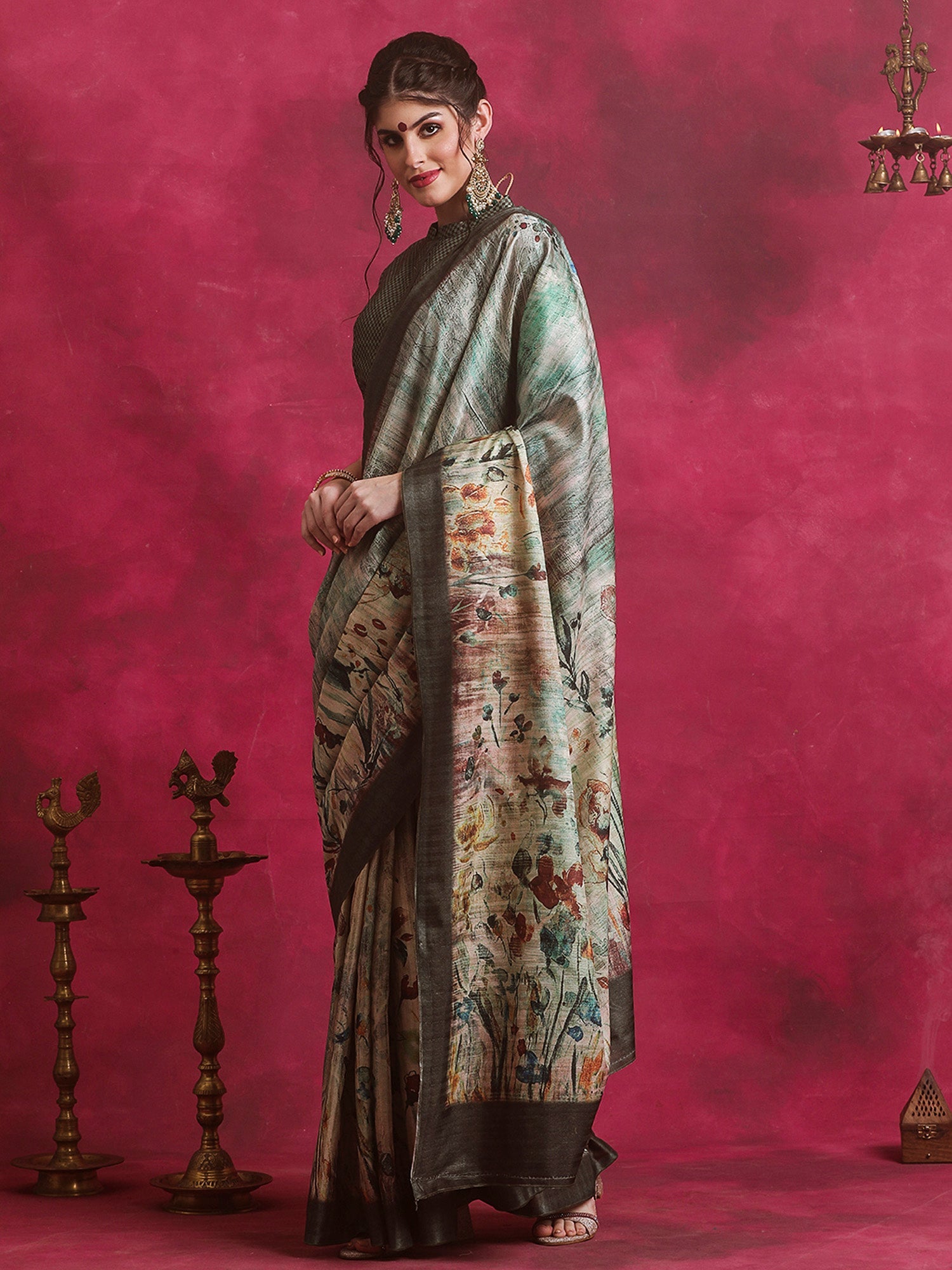 NOZ2TOZ Women's Cotton Blend Sea Green Printed Designer Saree With Blouse Piece - Distacart