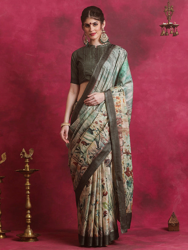 NOZ2TOZ Women's Cotton Blend Sea Green Printed Designer Saree With Blouse Piece - Distacart