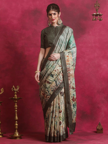 NOZ2TOZ Women's Cotton Blend Sea Green Printed Designer Saree With Blouse Piece - Distacart