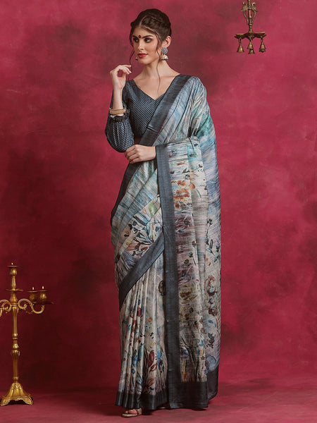 NOZ2TOZ Women's Cotton Blend Grey Printed Designer Saree With Blouse Piece - Distacart