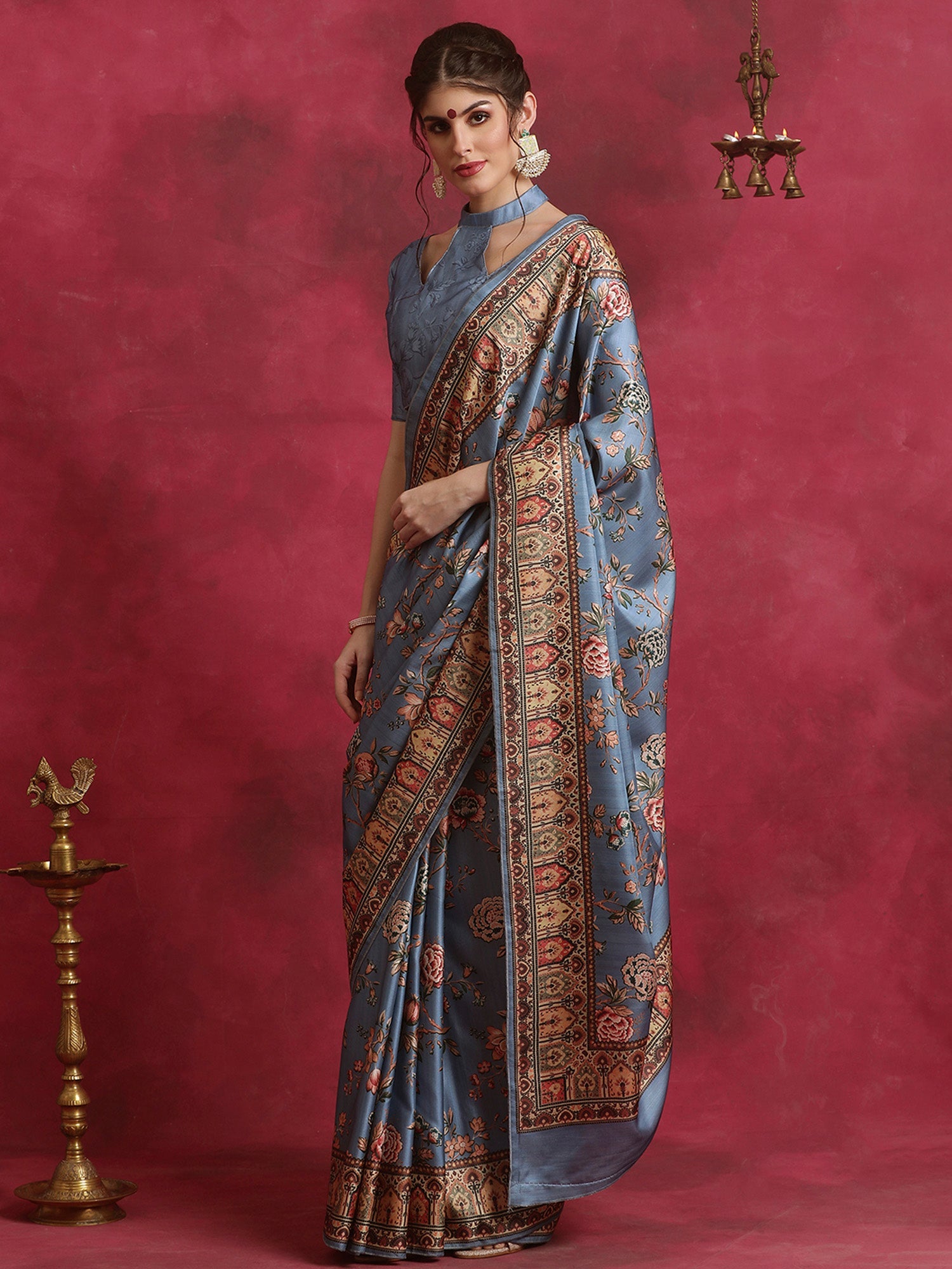 NOZ2TOZ Women's Cotton Blend Grey Printed Designer Saree With Blouse Piece - Distacart