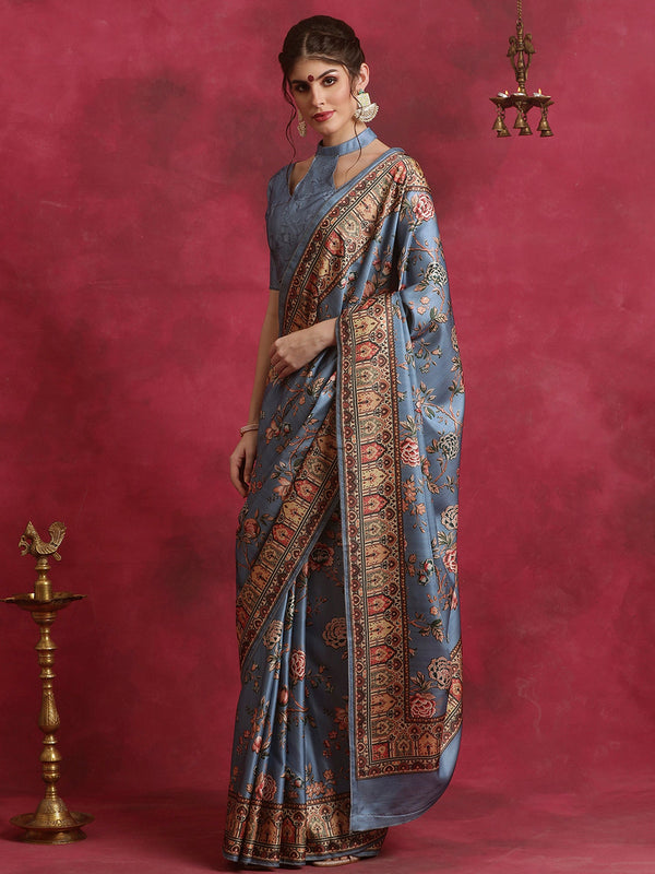 NOZ2TOZ Women's Cotton Blend Grey Printed Designer Saree With Blouse Piece - Distacart