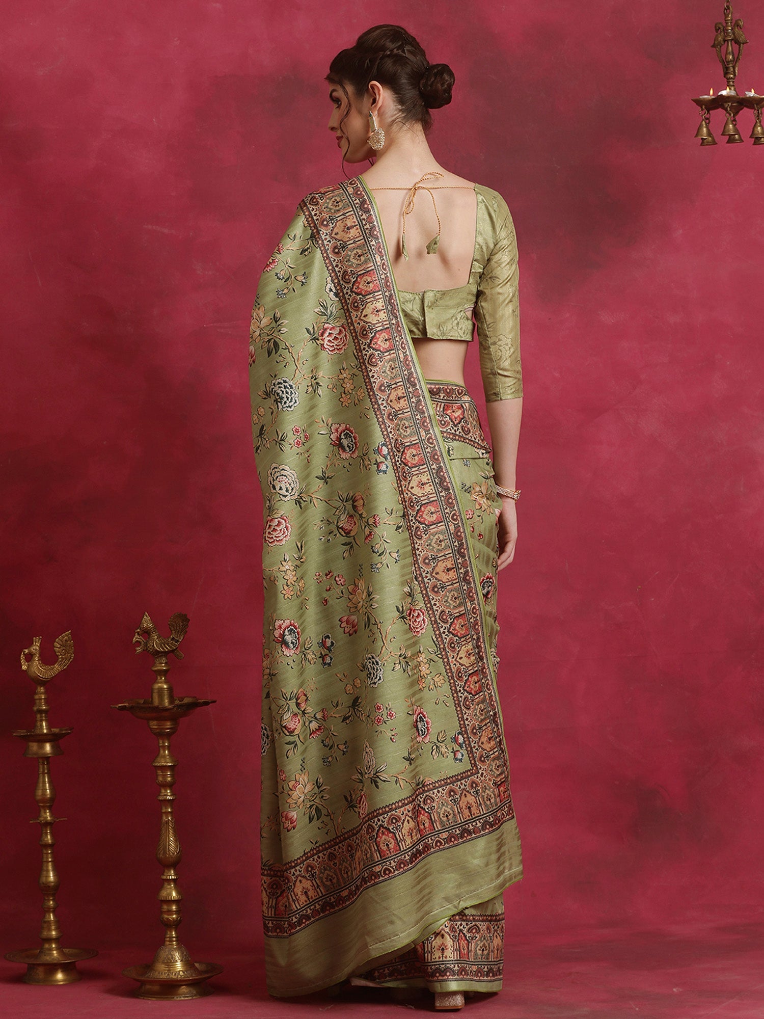 NOZ2TOZ Women's Cotton Blend Olive Printed Designer Saree With Blouse Piece - Distacart