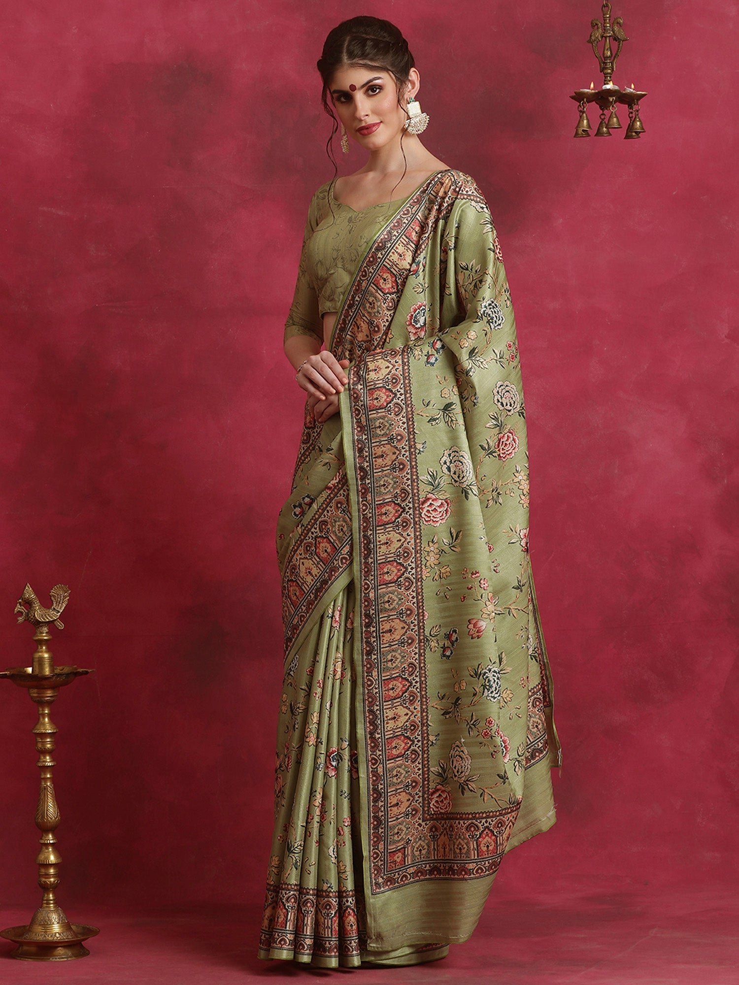 NOZ2TOZ Women's Cotton Blend Olive Printed Designer Saree With Blouse Piece - Distacart