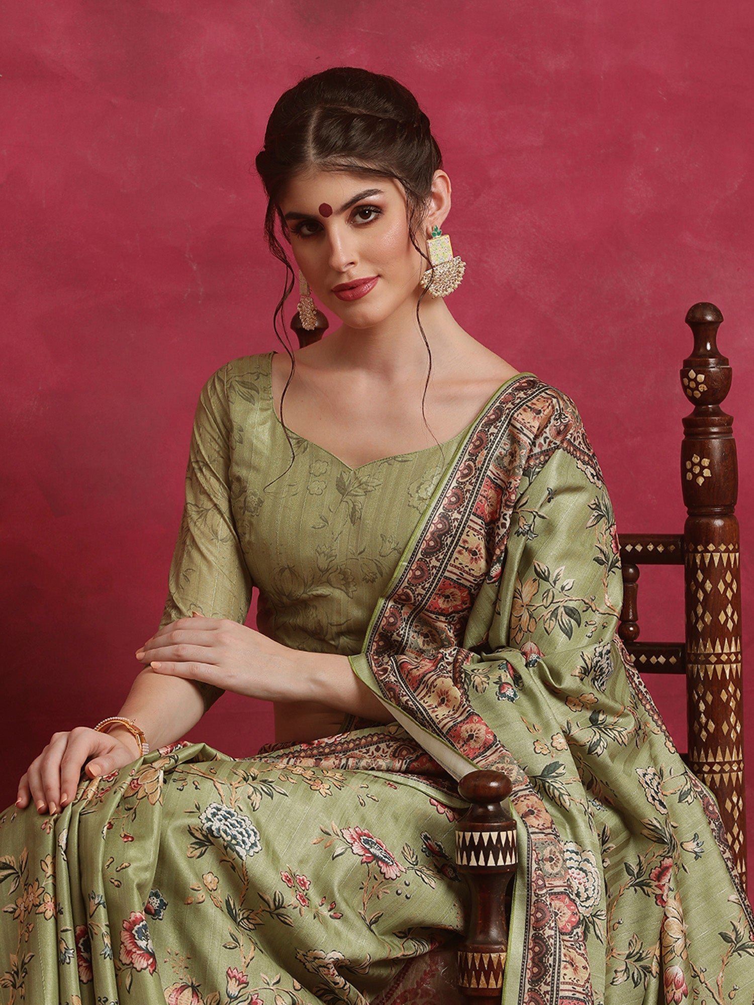 NOZ2TOZ Women's Cotton Blend Olive Printed Designer Saree With Blouse Piece - Distacart