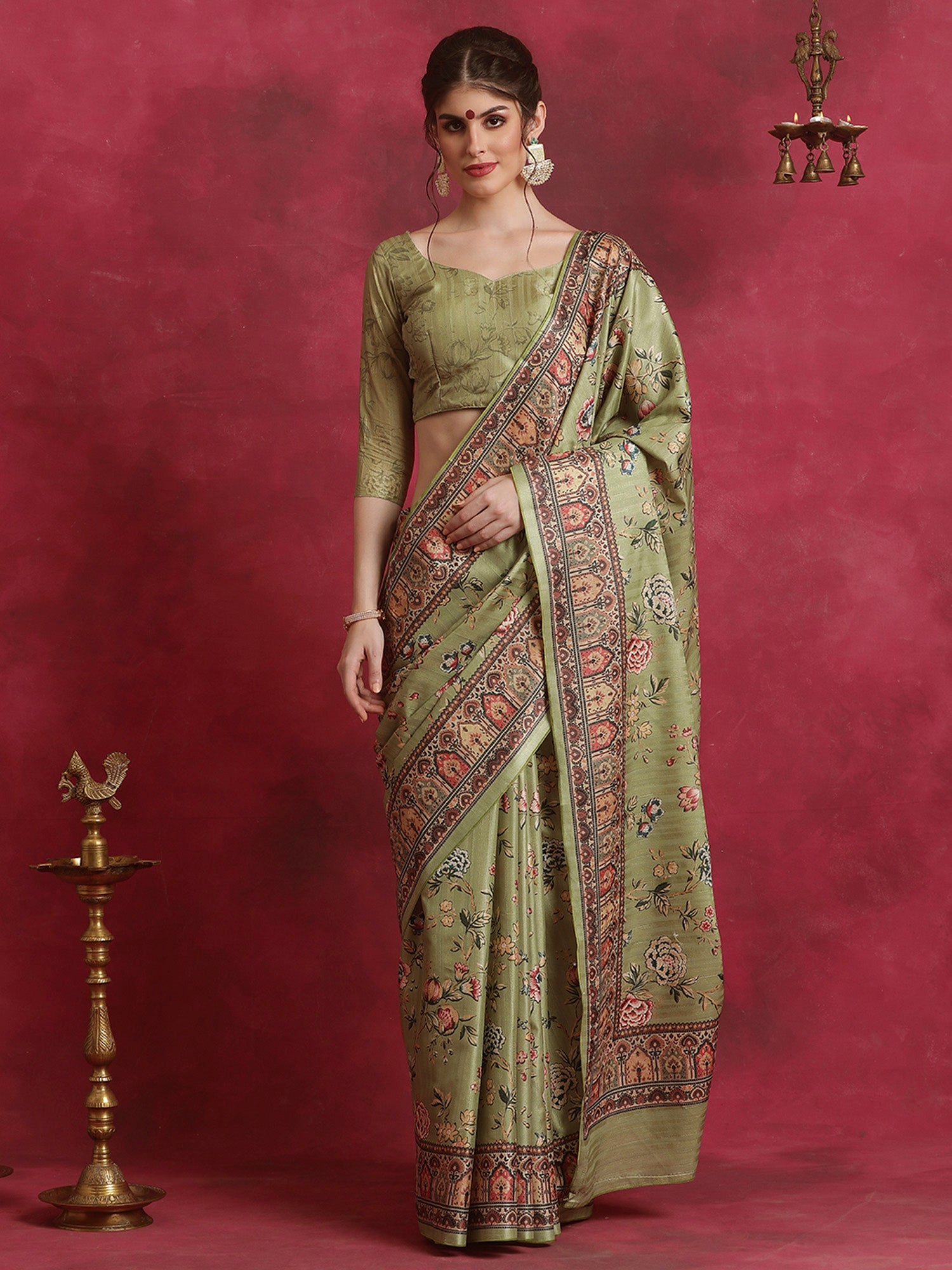 NOZ2TOZ Women's Cotton Blend Olive Printed Designer Saree With Blouse Piece - Distacart