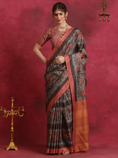 NOZ2TOZ Women's Cotton Blend Grey Printed Designer Saree With Blouse Piece - Distacart