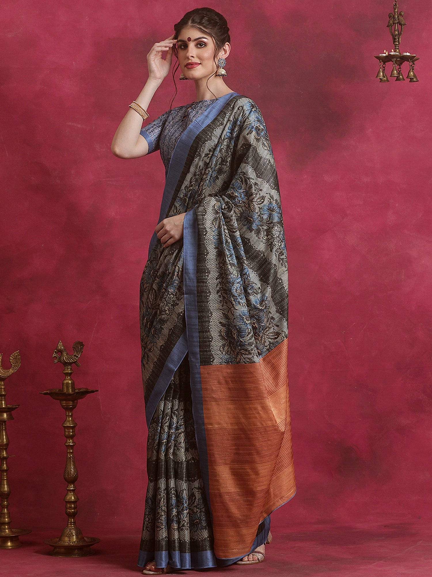 NOZ2TOZ Women's Cotton Blend Grey Printed Designer Saree With Blouse Piece - Distacart
