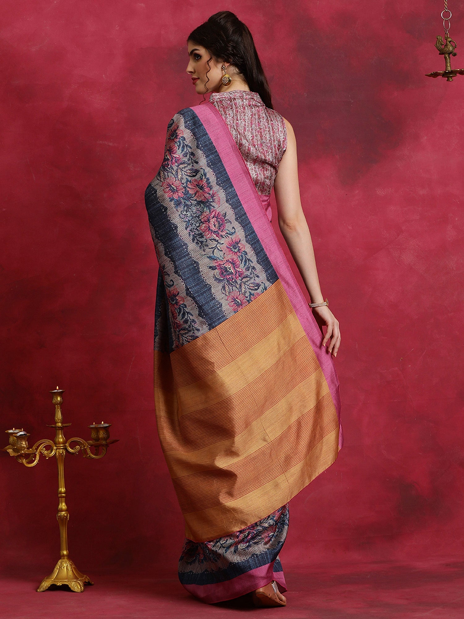 NOZ2TOZ Women's Cotton Blend Navy Blue Printed Designer Saree With Blouse Piece - Distacart