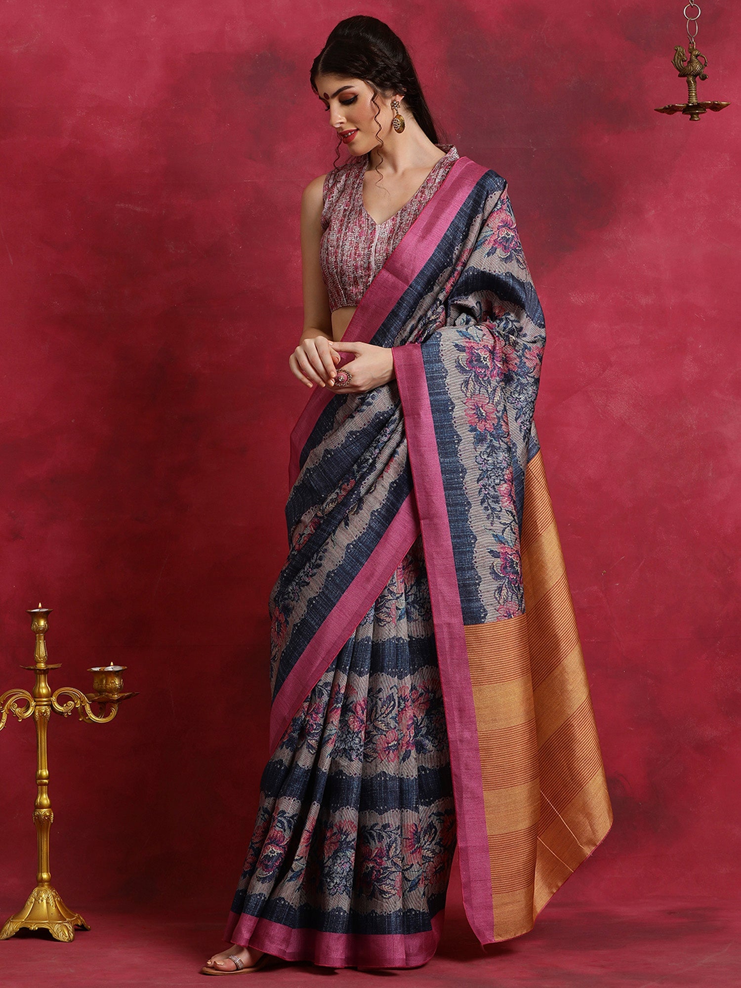 NOZ2TOZ Women's Cotton Blend Navy Blue Printed Designer Saree With Blouse Piece - Distacart