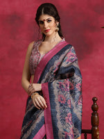 Thumbnail for NOZ2TOZ Women's Cotton Blend Navy Blue Printed Designer Saree With Blouse Piece - Distacart