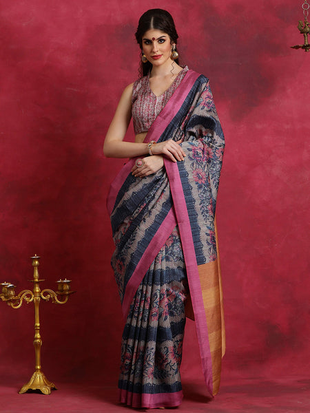 NOZ2TOZ Women's Cotton Blend Navy Blue Printed Designer Saree With Blouse Piece - Distacart