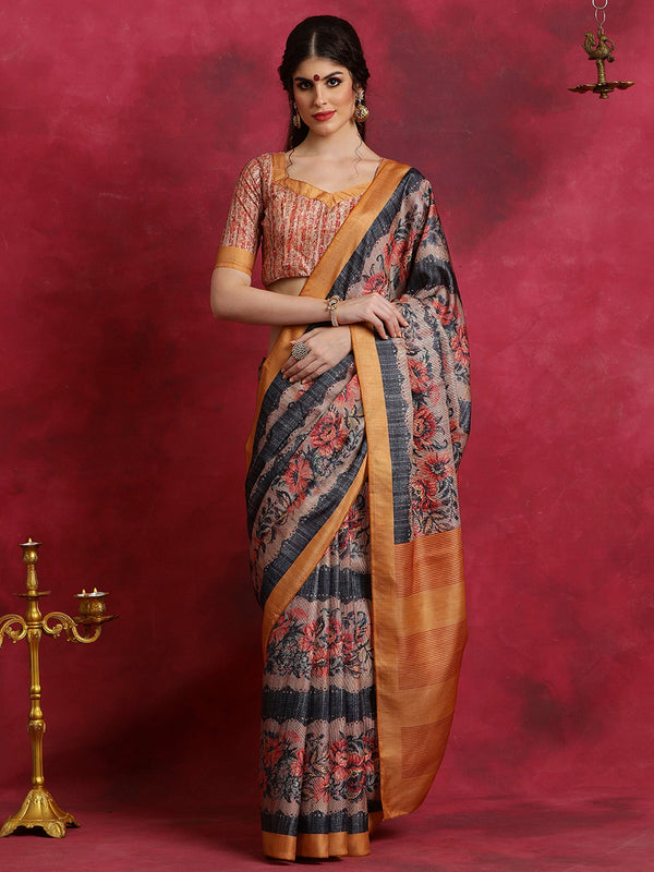 NOZ2TOZ Women's Cotton Blend Black Printed Designer Saree With Blouse Piece - Distacart