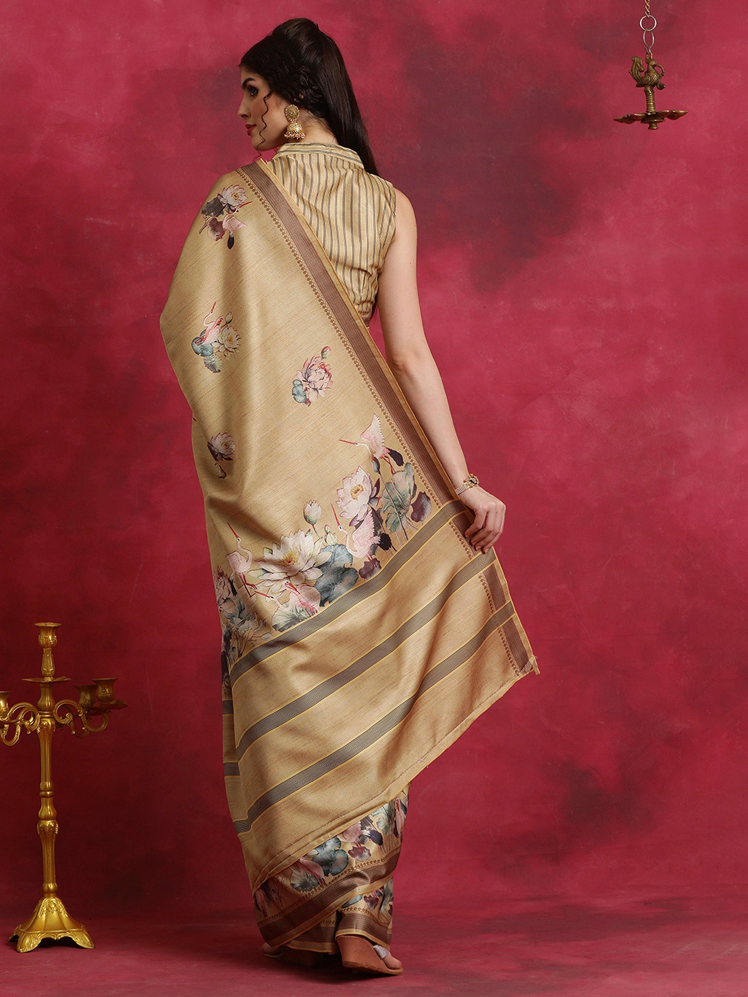 NOZ2TOZ Women's Cotton Blend Beige Printed Designer Saree With Blouse Piece - Distacart