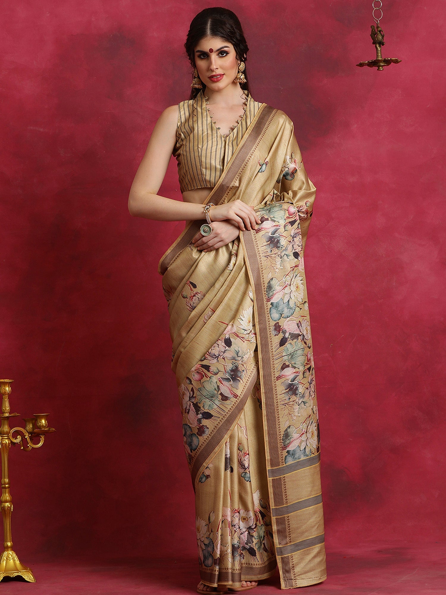 NOZ2TOZ Women's Cotton Blend Beige Printed Designer Saree With Blouse Piece - Distacart