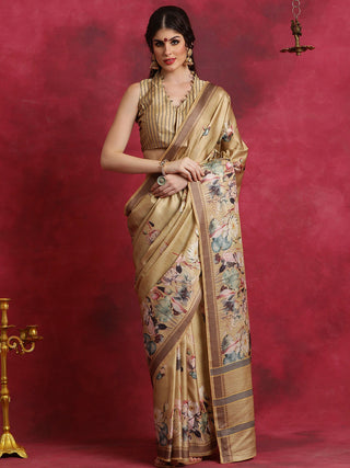 NOZ2TOZ Women's Cotton Blend Beige Printed Designer Saree With Blouse Piece - Distacart