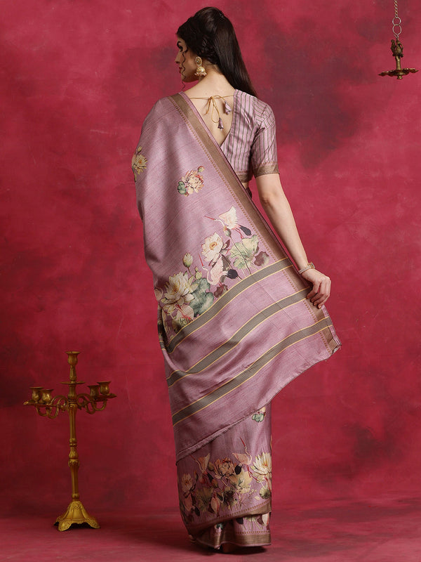 NOZ2TOZ Women's Cotton Blend Mauve Printed Designer Saree With Blouse Piece - Distacart