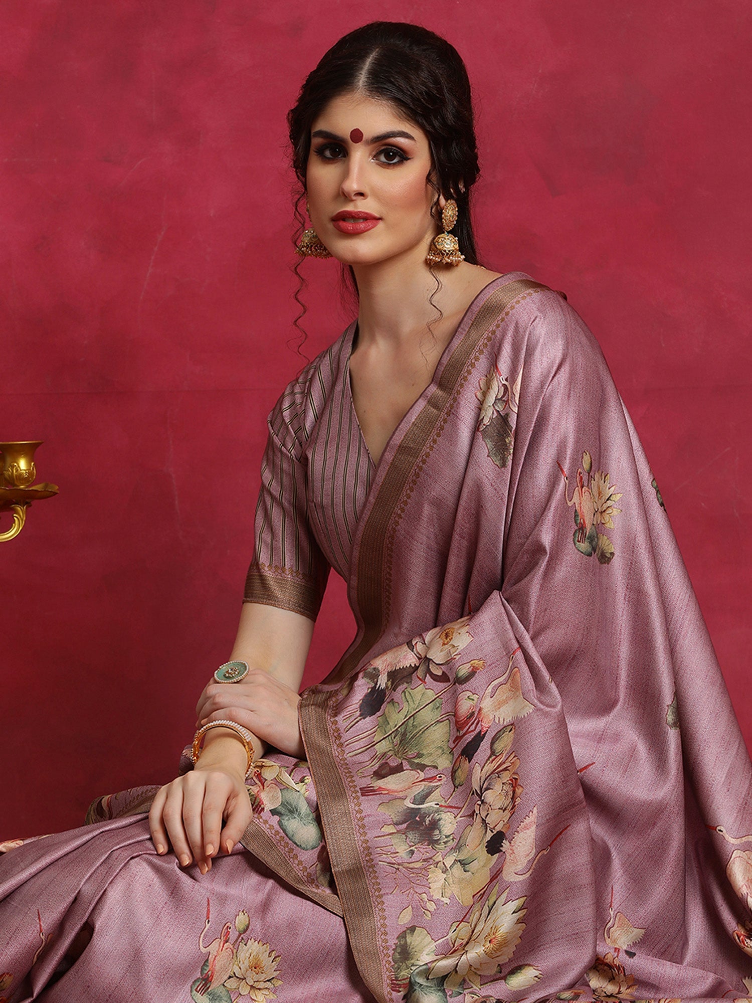 NOZ2TOZ Women's Cotton Blend Mauve Printed Designer Saree With Blouse Piece - Distacart