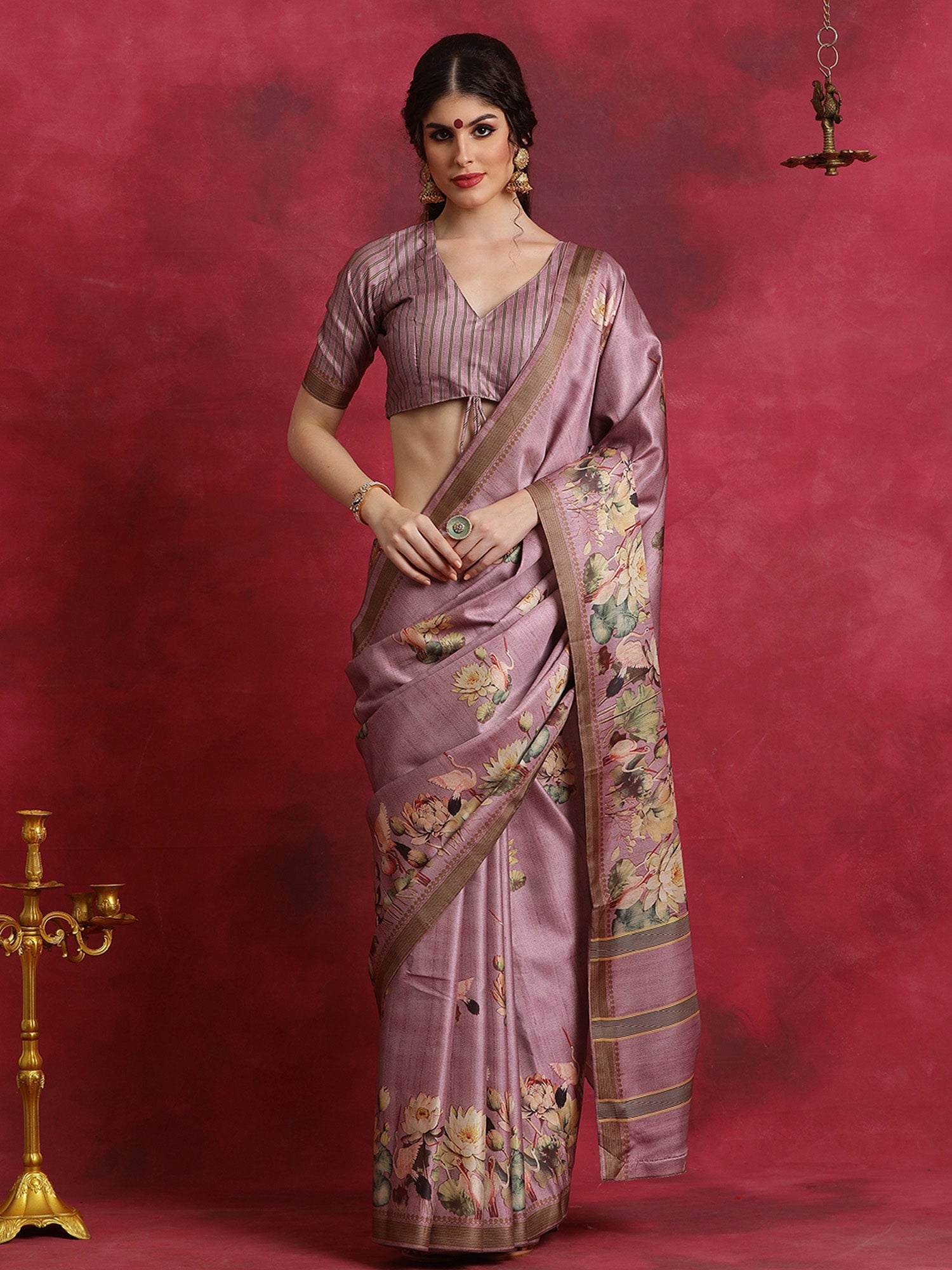 NOZ2TOZ Women's Cotton Blend Mauve Printed Designer Saree With Blouse Piece - Distacart
