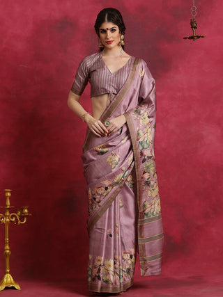 NOZ2TOZ Women's Cotton Blend Mauve Printed Designer Saree With Blouse Piece - Distacart