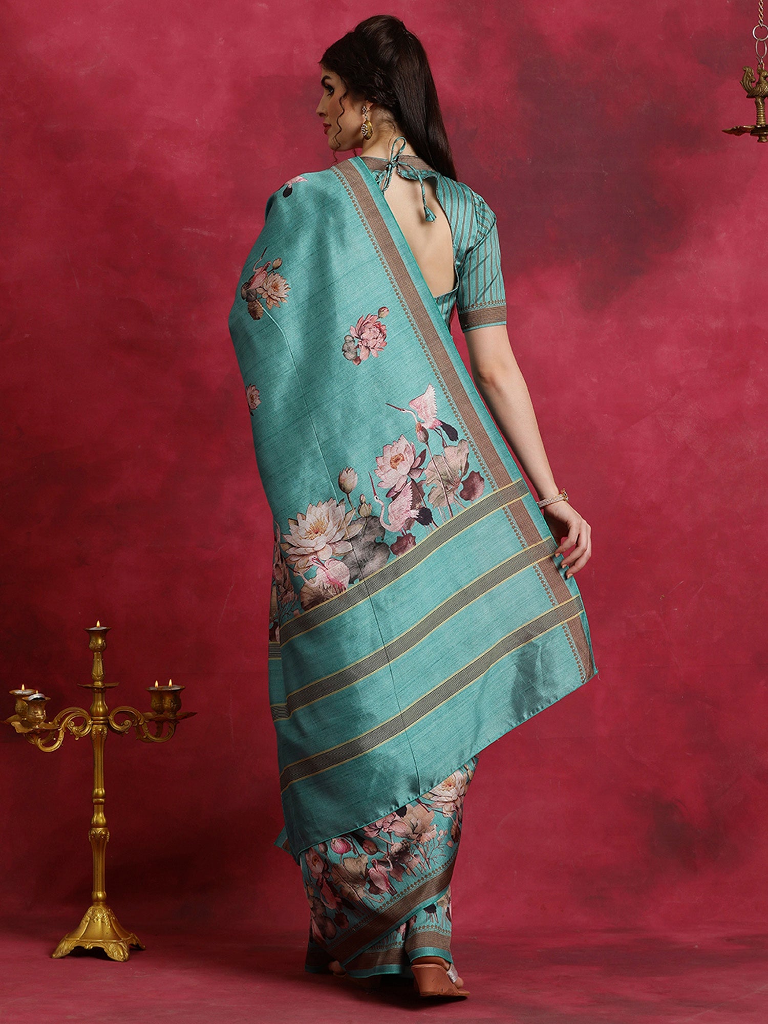 NOZ2TOZ Women's Cotton Blend Blue Printed Designer Saree With Blouse Piece - Distacart