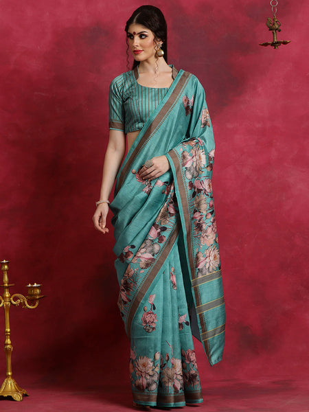 NOZ2TOZ Women's Cotton Blend Blue Printed Designer Saree With Blouse Piece - Distacart
