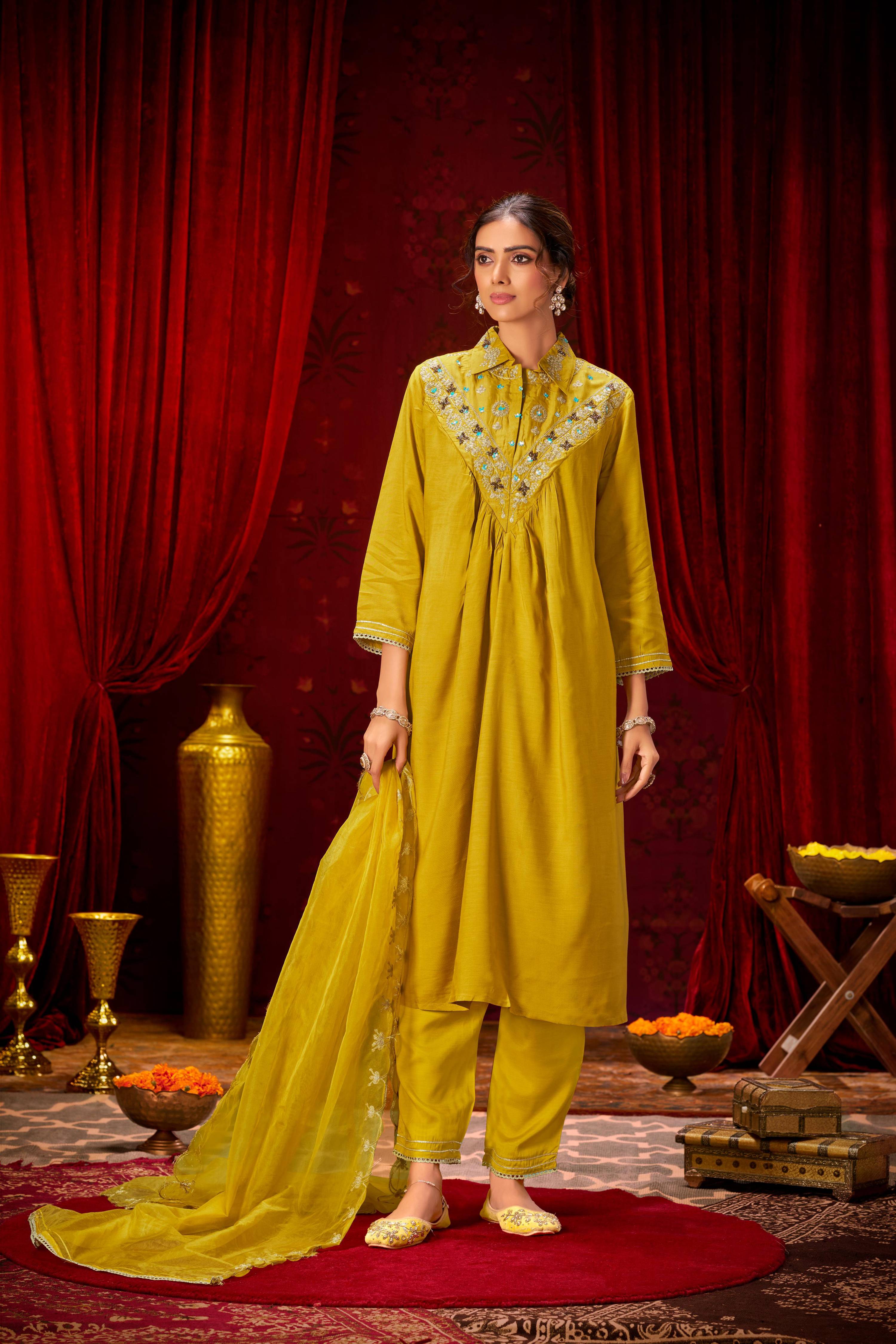 BulBul Himawari Muslin Mustard Kurta Set With Dupatta