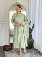 Thumbnail for The52 Pista Women's Gorgeous Embroidered Vichitra Silk Fabric Flared Kurta Pant with Dupatta Set - Distacart