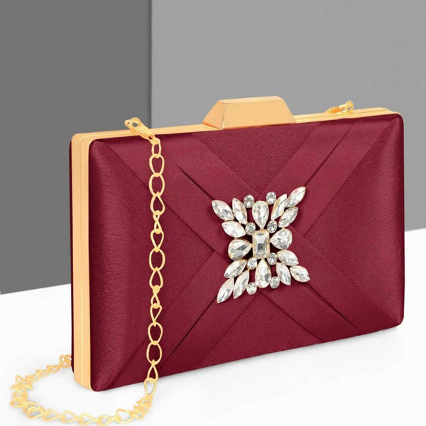 Joban Fashion Luxurious Satin Evening Clutch With Detachable Chain Strap - Maroon