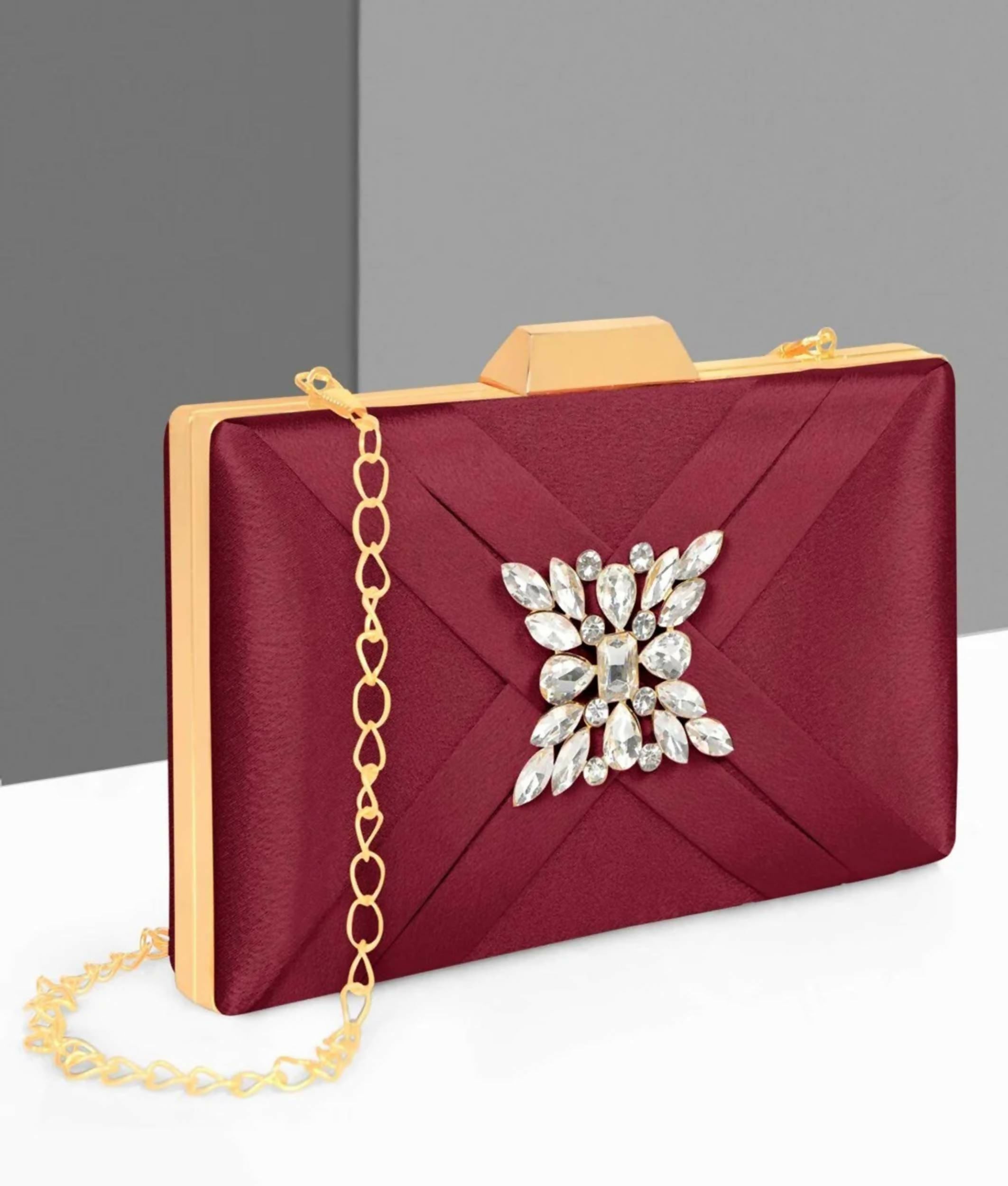 Joban Fashion Luxurious Satin Evening Clutch With Detachable Chain Strap - Maroon - Dista