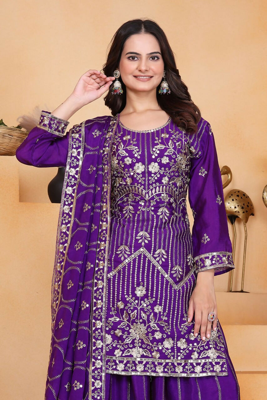 Joban Fashion Purple Silk Embroidered Sharara Set - Distacart