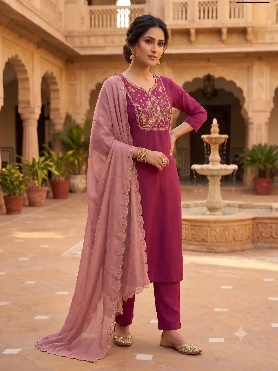 Teeya Creation Womens New Deep Pink Embroidered Straight Kurta Pant Set With Scalloped Dupatta - Dista